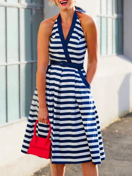 

Vacation Striped V Neck Sleeveless Dress, Stripe, Midi Dresses