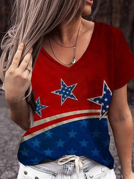 

Geometric Boho Regular Fit Short Sleeve Tops, Red-blue, T-Shirts