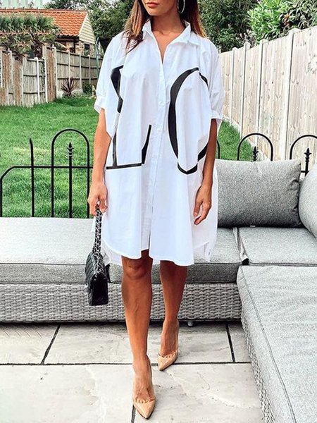 

Shirt Collar Simple Printed Short Sleeve Woven Mini Dress, White, Midi Dresses
