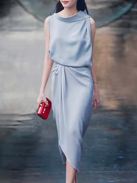 

Elegant Solid Stand Collar Sleeveless Dress, Blue, Maxi Dresses
