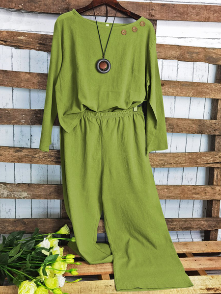 Green Long Sleeve Top and Elastic Waist Wide Leg Pants Plain Casual Crew Neck Two Piece Sets, Suit Set