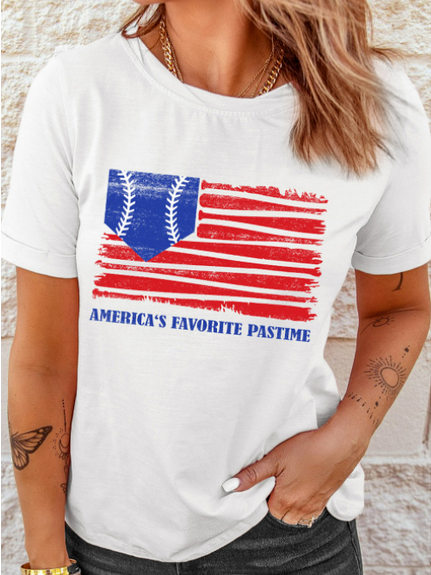 

Baseball Flag Print Casual Fashion Short Sleeve Crew Neck T-Shirt, White, T-Shirts