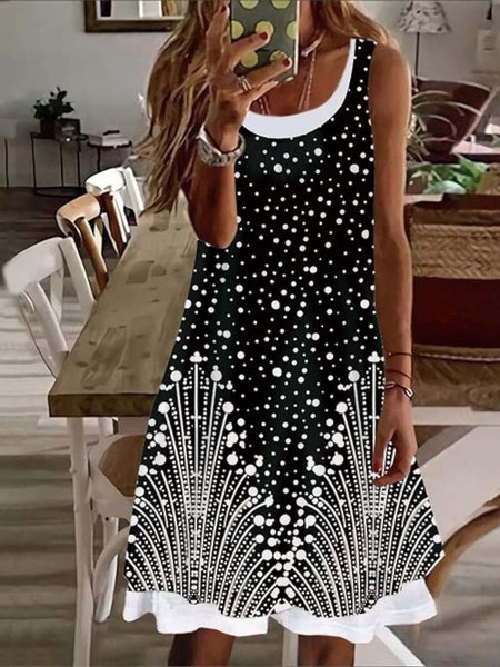 

Crew Neck Polka Dots Sleeveless Knitting Dresses, Black-white, Dresses