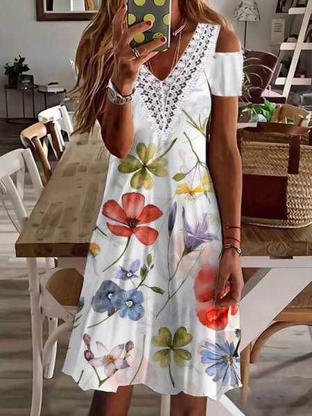

Floral Printed Short Sleeve Knit Dress, White, Dresses