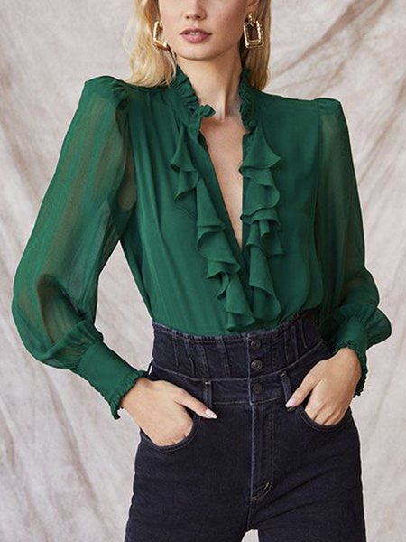 

Solid Regular Fit Elegant Long Sleeve Top, Dark green, Tops