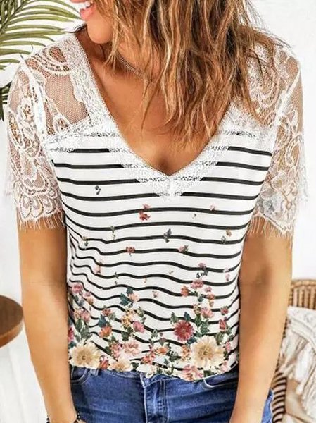 

Off Shoulder Vacation V Neck Short Sleeve T-Shirt, White, T-Shirts