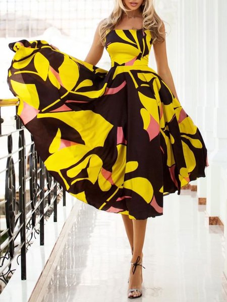 

Vacation Square Neck Sleeveless Printed Dress, Yellow, Midi Dresses