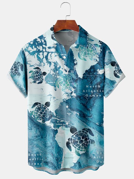 

Mens Map Sea Turtles Print Lapel Loose Chest Pocket Short Sleeve Funky Hawaiian Shirts, Blue, Men's Floral shirt