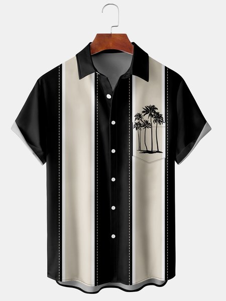 

Mens Retro Coconut Tree Print Lapel Loose Chest Pocket Short Sleeve Funky Bowling Shirts, Black, Men's Floral shirt
