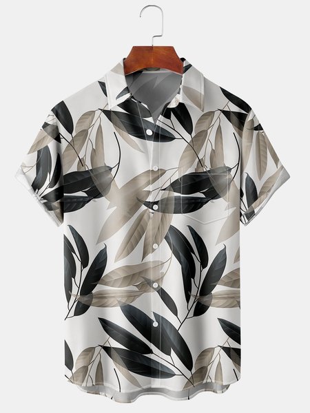 

Mens Retro Leaves Print Lapel Chest Pocket Short Sleeve Hawaiian Shirts, Khaki, Men's Floral shirt