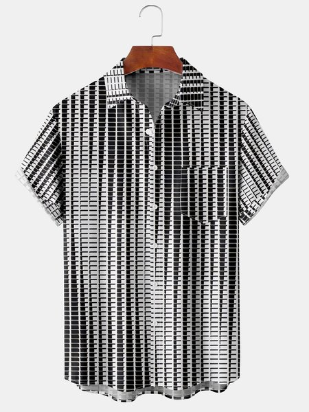 

Mens Retro Geo Ombre Print Lapel Chest Pocket Short Sleeve Hawaiian Shirts, Black, Men's Floral shirt