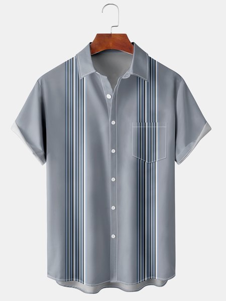 

Mens Classic Striped Print Front Buttons Soft Breathable Chest Pocket Casual Bowling Shirts, Gray, Men's Floral shirt