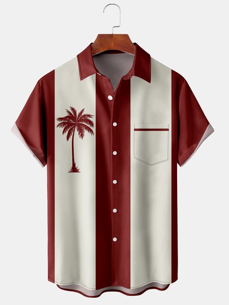 

Mens Retro Coconut Tree Print Short Sleeve Shirt Lapel Loose Chest Pocket Bowling Shirt, Red, Short Sleeve Shirts