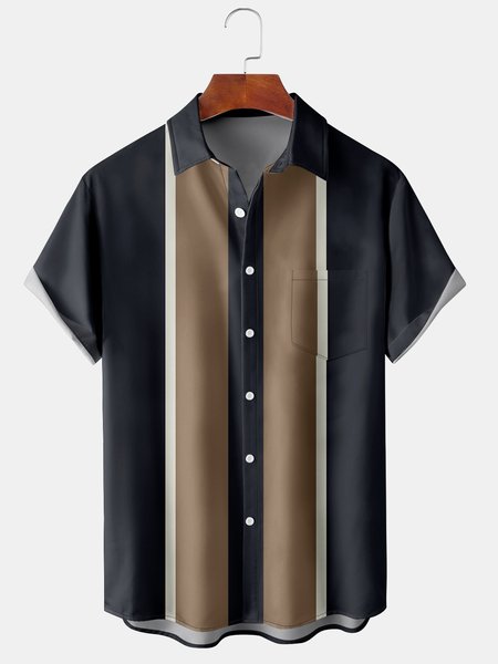 

Mens Retro Geo Print Lapel Loose Chest Pocket Short Sleeve Funky Bowling Shirts, Black, Men's Floral shirt