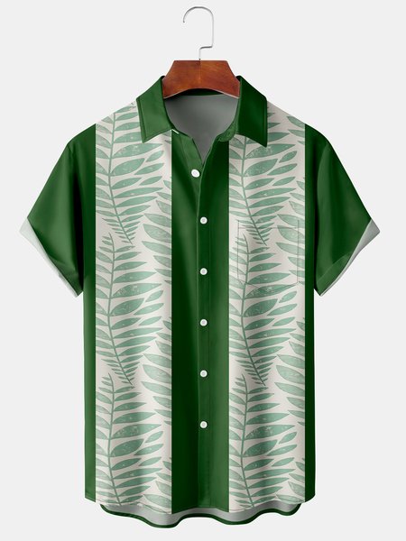 

Mens Retro Hawaiian Leaves Print Lapel Chest Pocket Short Sleeve Bowling Shirts, Green, Men's Floral shirt