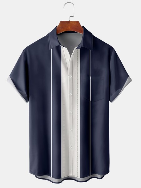 

Mens Retro Striped Print Lapel Loose Chest Pocket Short Sleeve Classic Bowling Shirt, Blue, Men's Floral shirt