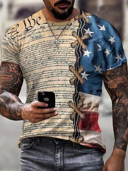 

American Flag Crew Neck Street Short Sleeve T-Shirt, Blue, T-shirts