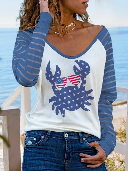 

Vacation Casual Blue Colorblock Patchwork Mesh Long Sleeve T-Shirt, T-Shirts