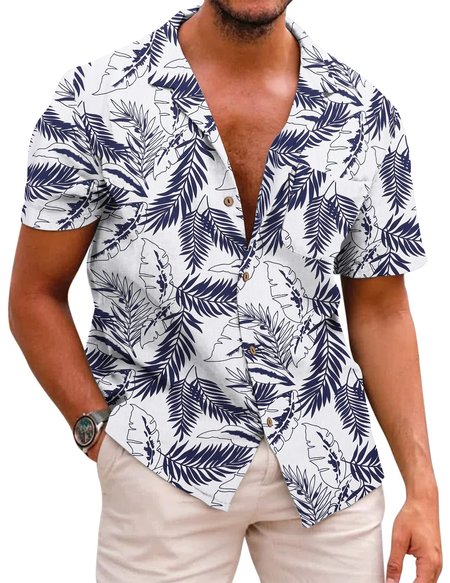 

Cotton Linen Hawaiian Casual Shorts, As picture, Men's Floral shirt
