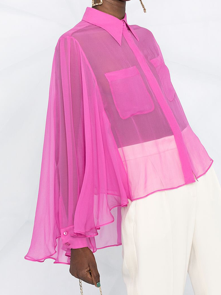 

Summer Lightweight Loosen Simple Shirt Collar Long Sleeve Daily Blouse, Rose red, Blouses and Shirts