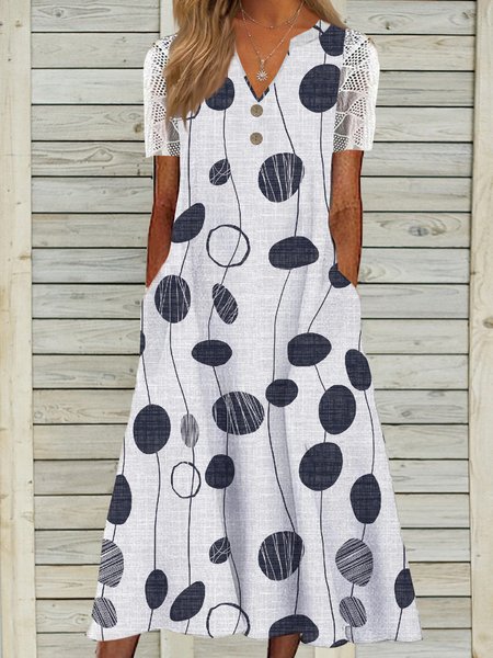 

Linen geometric wave point nail buckle lace a swing holiday dress long plus size, Multicolor, Maxi Dresses