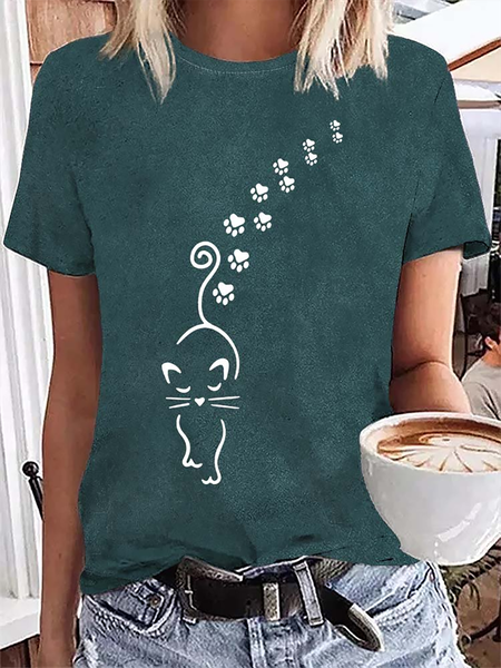 

Footprint Graphic Print Short Sleeve Round Neck Casual T-Shirt, Darkgreen, T-Shirts