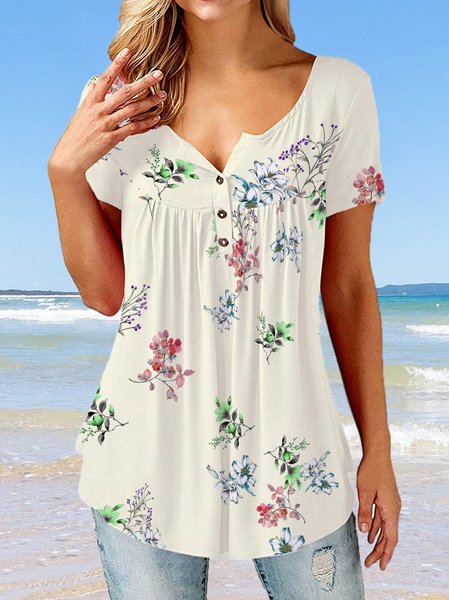 

Floral Henley Regular Fit Casual Short Sleeve T-Shirt, Flower, Tunics
