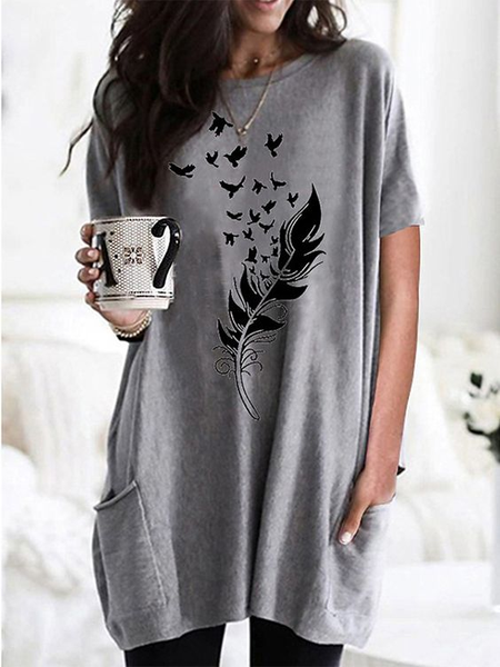 

Cotton Casual Crew Neck Short Sleeve Knit Dress, Gray, Mini Dresses