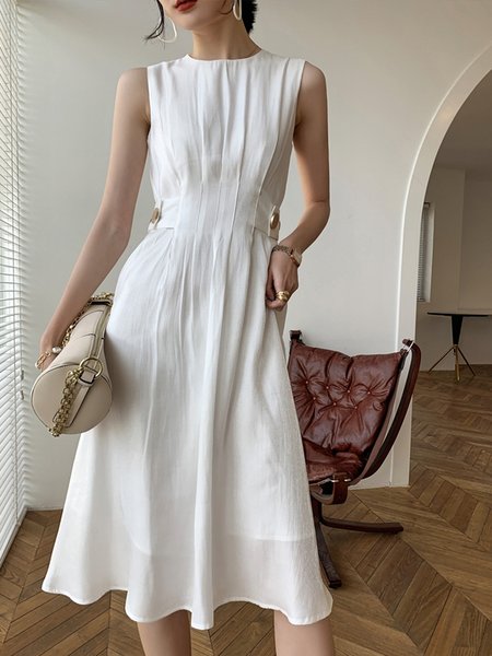 

Crew Neck Plain Regular Fit Sleeveless Woven Dress, White, Maxi Dresses