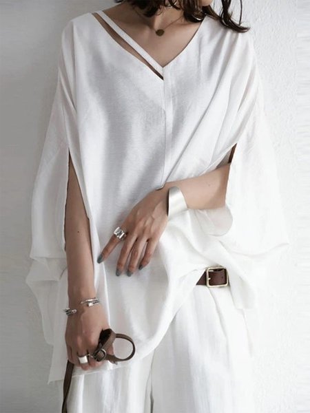 

Casual Solid Half Sleeve Loosen Top, White, Tops