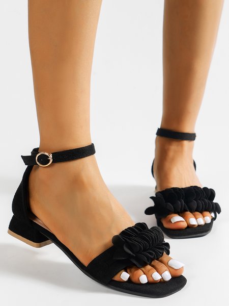 

JFN 3D Flower Suede Chunky Heel Sandals, Black, Sandals