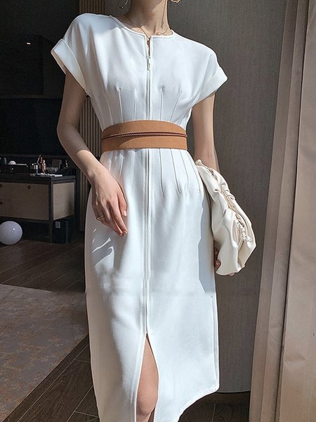 

Midi Elegant Regular Fit Short Sleeve Woven Dress, White, Midi Dresses