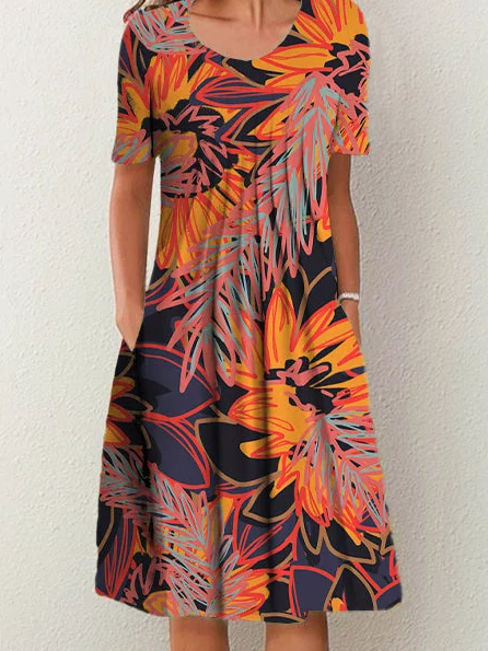 

Round Neck Regular Fit Short Sleeve Knit Dress, Multicolor, Dresses