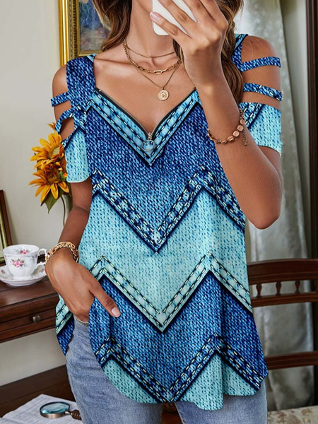 

Blue Geometric Print Zip V Neck Cutout Sleeve T-Shirt Loosen Geometric Casual Short Sleeve Tops, Shirts & Blouses
