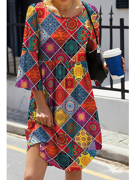 

Crew Neck Loosen Geometric Short Sleeve Women Dress, Multicolor, Dresses