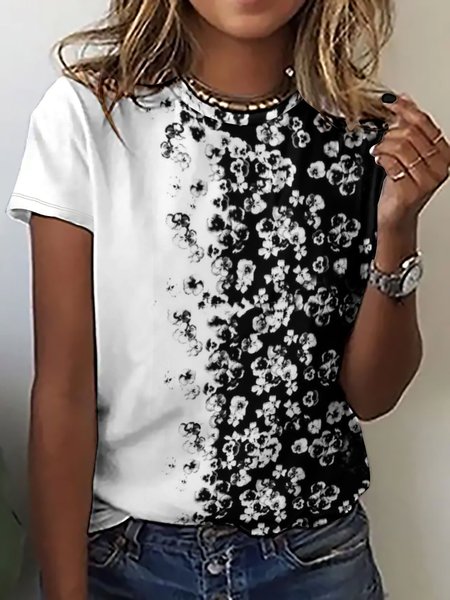 

Casual and Simple Contrast Floral Print Crew Neck T-Shirt, Black-white, T-shirts