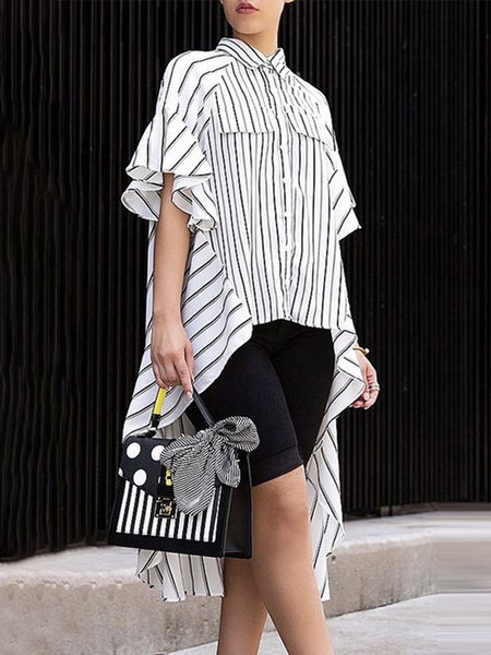 

Striped Shirt Collar Elegant Regular Fit Short Sleeve Blouse, White, Blouses and Shirts