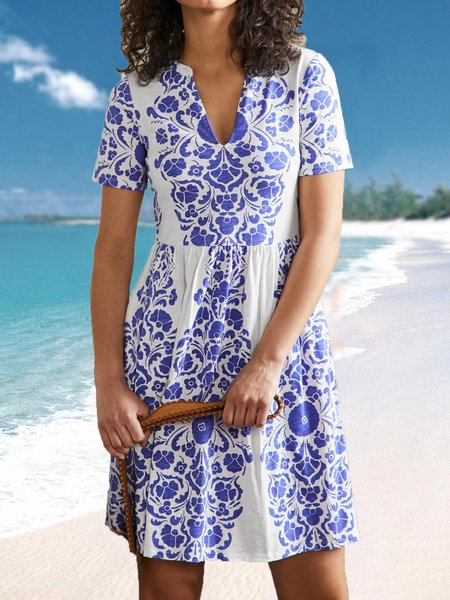 Casual Loosen V Neck Short Sleeve Knit Dress, Blue purple, Dresses