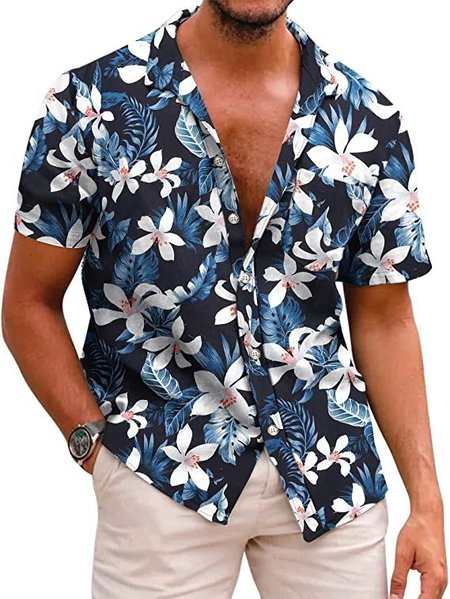 

Cotton Linen Hawaiian Casual Shorts, As picture, Men's Floral shirt