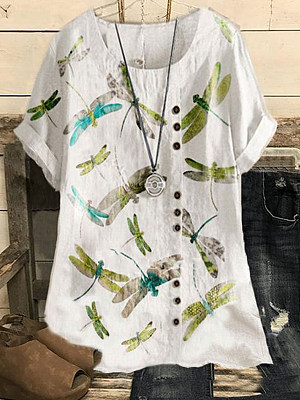 

Linen Dragonfly Casual Short Sleeve Tops, White, Blouses & Shirts