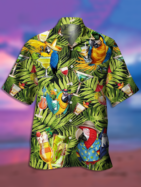 

Holiday Style Hawaiian Series Plant Leaves Coconut Tree Parrot Element Pattern Lapel Short-Sleeved Shirt Print Top, Green, Men's Floral shirt