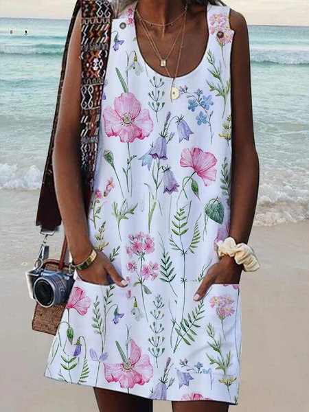 

Watercolor Floral Design U Neck Sleeveless Dress, White, Mini Dresses