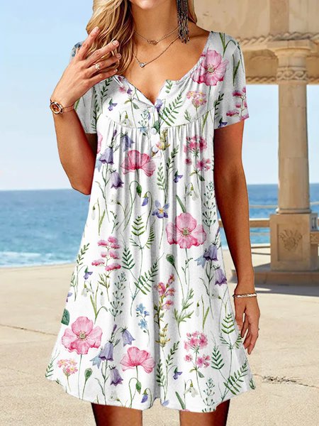 

Holiday flower half open loose button short dress Plus Size, Multicolor, Dresses
