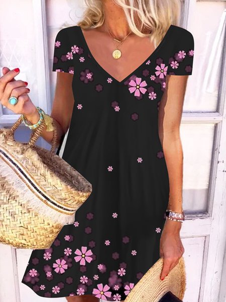 

Gradient flower cherry print a-hem dress short skirt plus size, Black-pink, Dresses