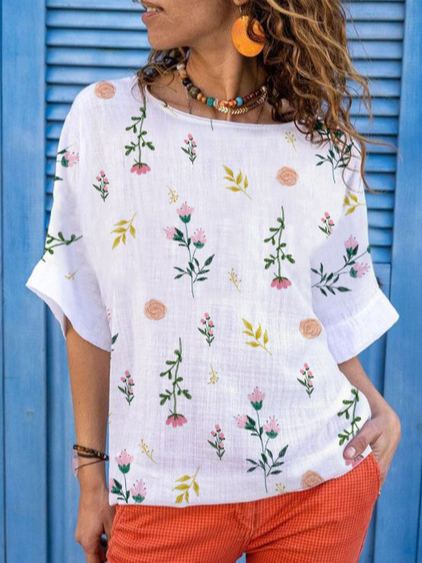 

Floral Loosen Short Sleeve Tops, White, Shirts & Blouses