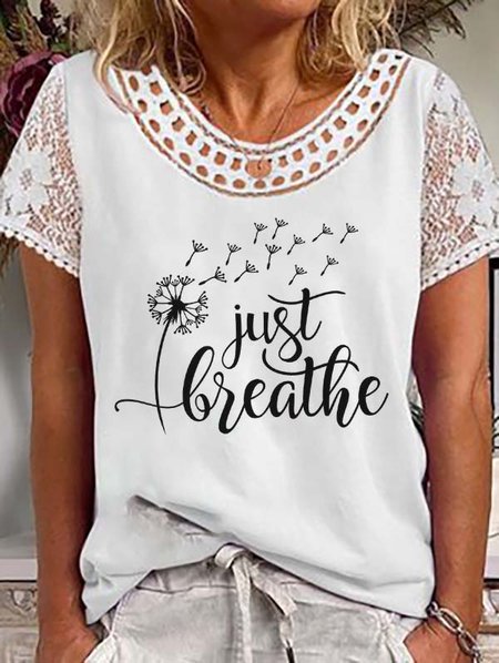 

JUST BREATHE PRINT LACE-PANEL OVERSIZED TOP, White, T-Shirts