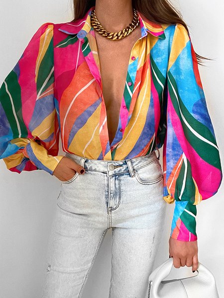 

Loosen Printed Vacation Long Sleeve Blouse, Multicolor, Blouses and Shirts