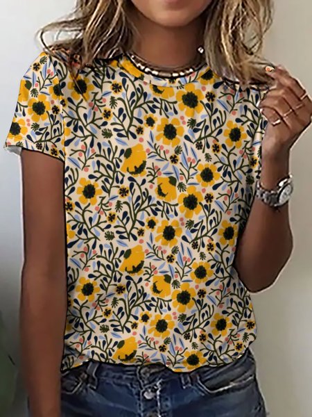 

Casual Simple Floral Print Crew Neck T-Shirt, As picture, T-shirts