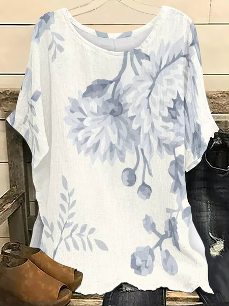 

Boho Crew Neck Cotton Short Sleeve Tops, Blue, Shirts & Blouses