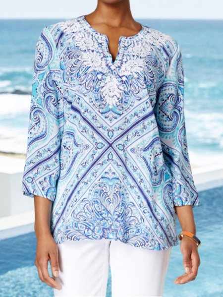 

V Neck Vacation Long Sleeve Tops, Blue, Shirts & Blouses